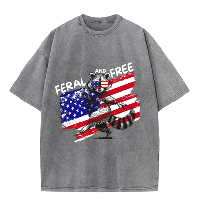 Chaoticclub Feral And Free Raccoon 4th Of July Washed T-Shirt