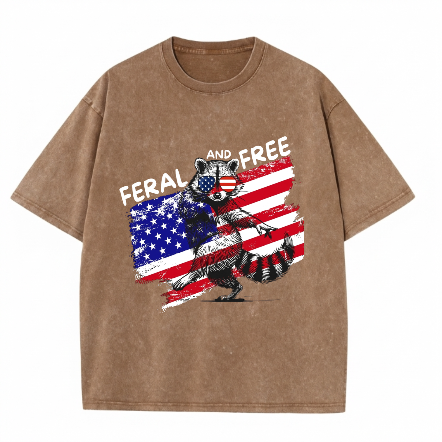 Chaoticclub Feral And Free Raccoon 4th Of July Washed T-Shirt