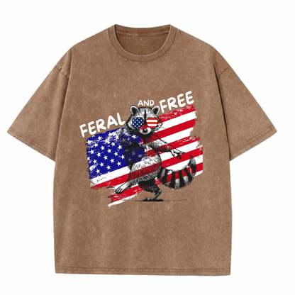 Chaoticclub Feral And Free Raccoon 4th Of July Washed T-Shirt