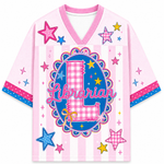ChaoticClub Preppy Teacher Monogram Stripes Mesh Jersey in pink, featuring a blue center graphic with a pink gingham letter L, the word Librarian, and colorful star patterns.
