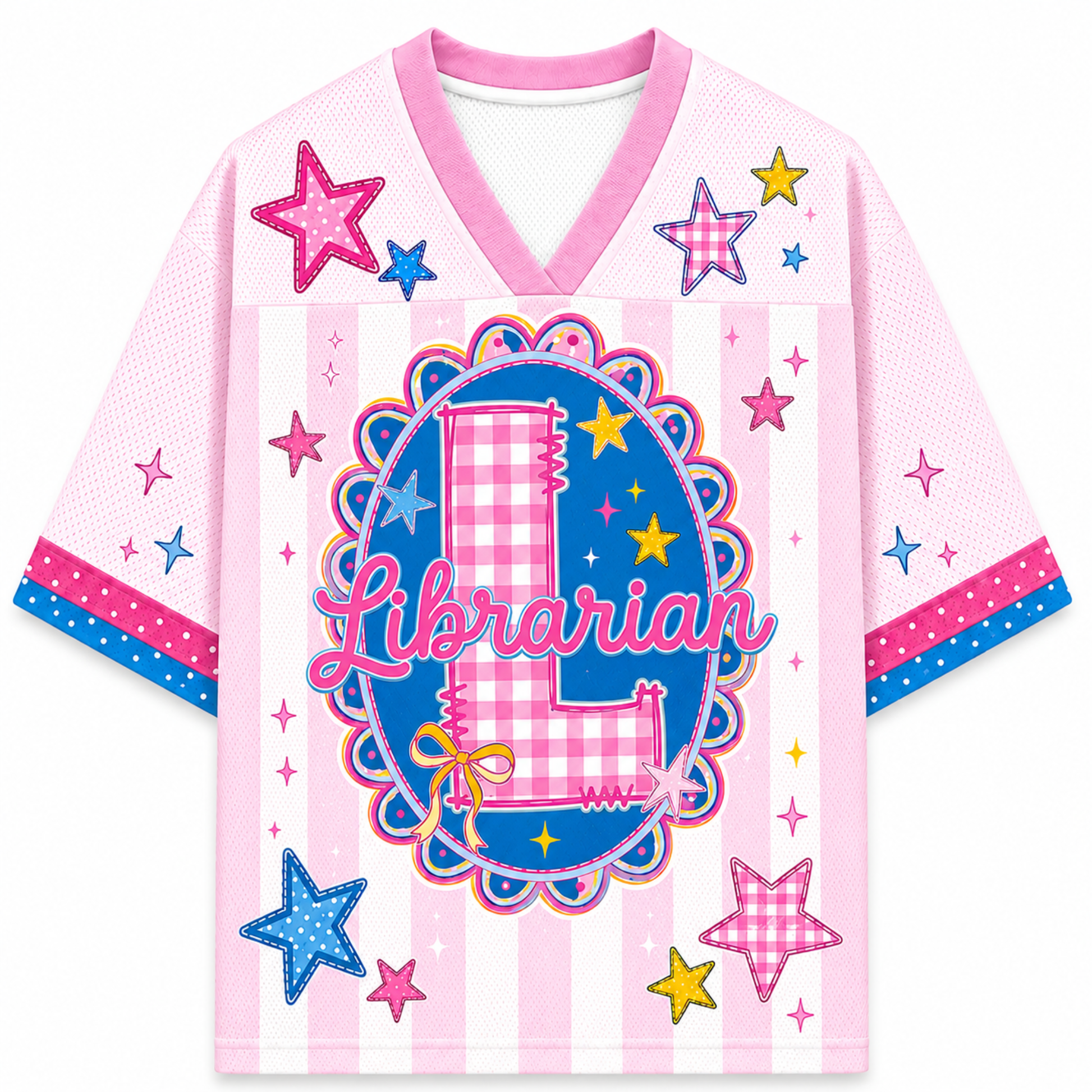 ChaoticClub Preppy Teacher Monogram Stripes Mesh Jersey in pink, featuring a blue center graphic with a pink gingham letter L, the word Librarian, and colorful star patterns.