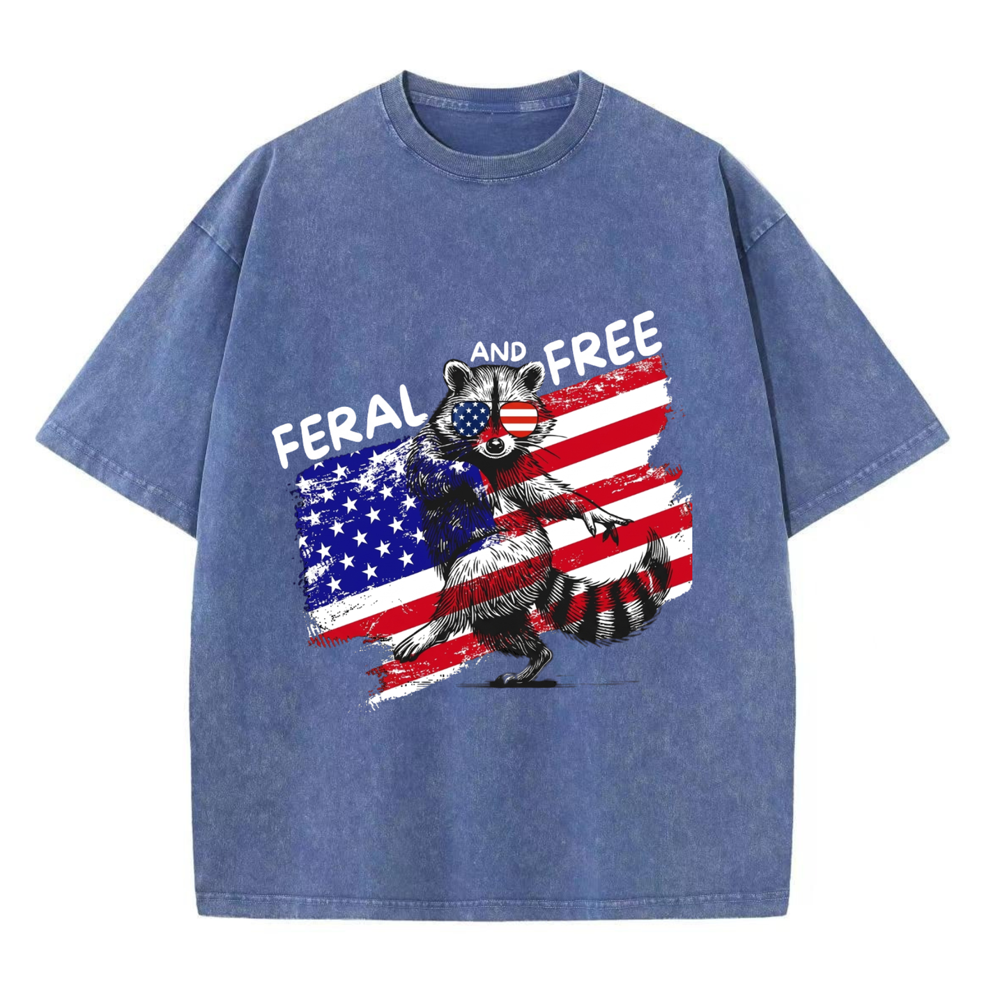 Chaoticclub Feral And Free Raccoon 4th Of July Washed T-Shirt