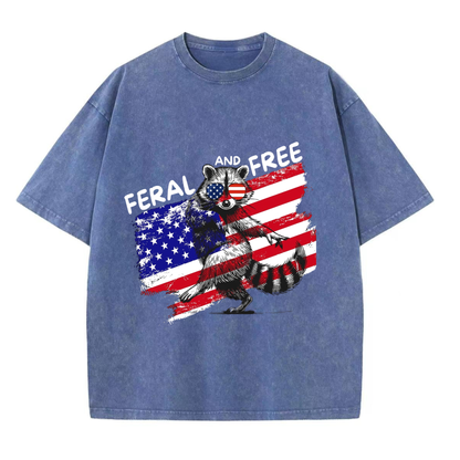 Chaoticclub Feral And Free Raccoon 4th Of July Washed T-Shirt