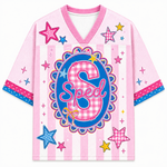 ChaoticClub Preppy Teacher Monogram Stripes Mesh Jersey in pink, featuring a blue center graphic with a pink gingham letter S, the word Sped, and colorful star patterns.