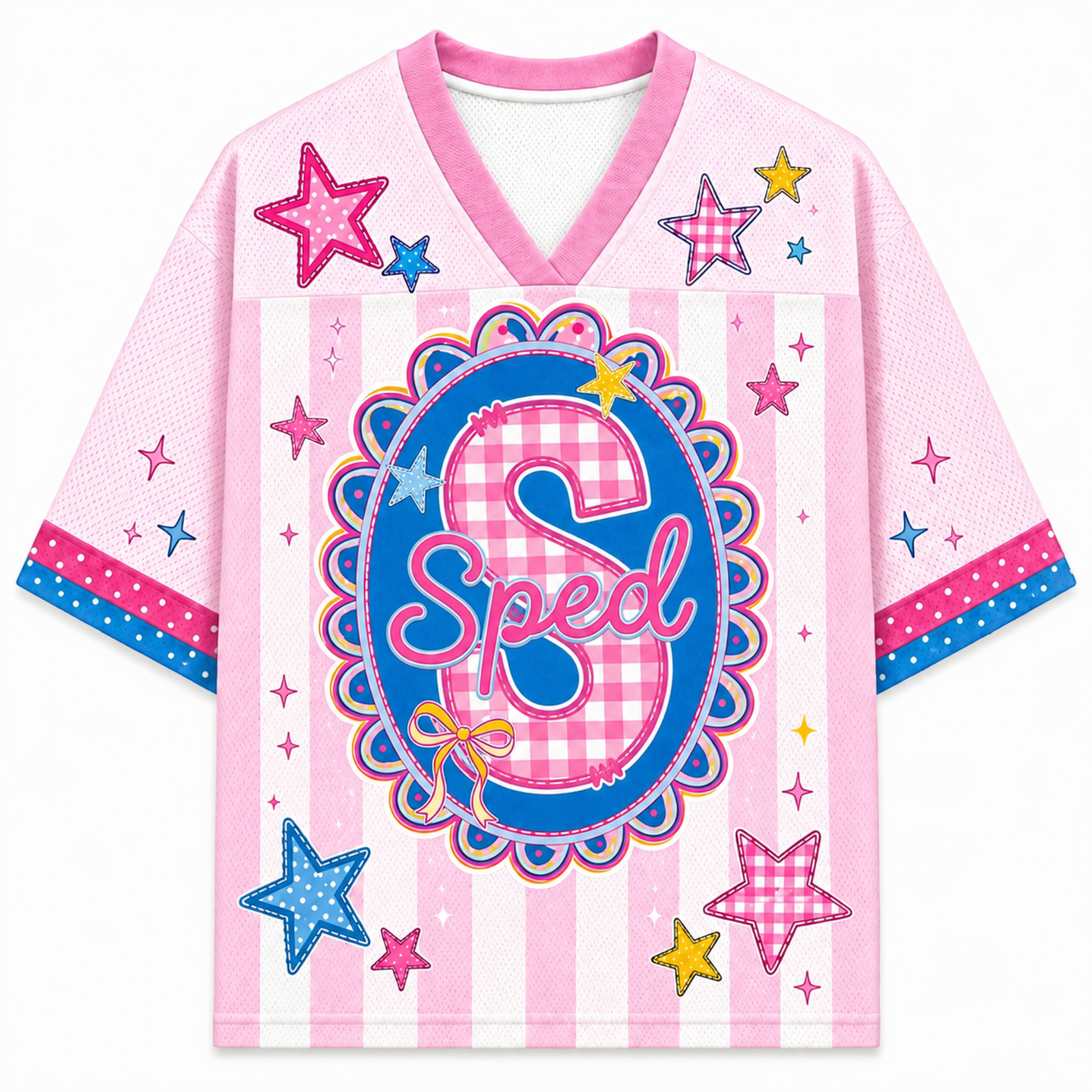 ChaoticClub Preppy Teacher Monogram Stripes Mesh Jersey in pink, featuring a blue center graphic with a pink gingham letter S, the word Sped, and colorful star patterns.