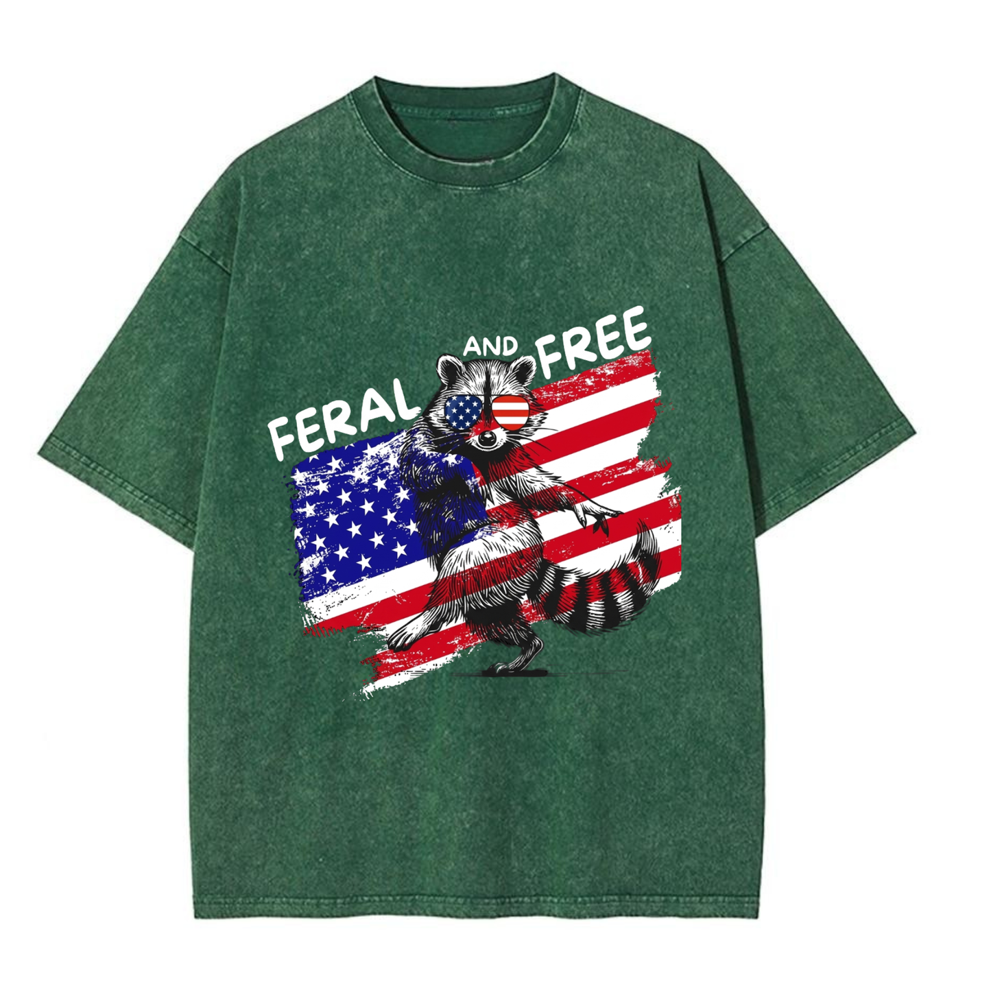 Chaoticclub Feral And Free Raccoon 4th Of July Washed T-Shirt