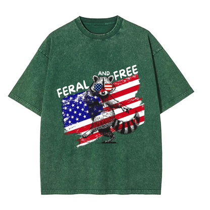 Chaoticclub Feral And Free Raccoon 4th Of July Washed T-Shirt
