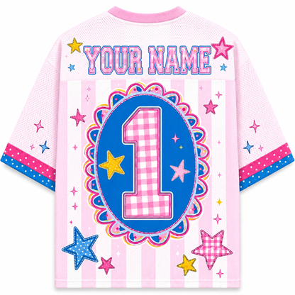 ChaoticClub Preppy Teacher Monogram Stripes Mesh Jersey in pink, featuring a blue center graphic with a pink gingham number 1, and colorful star patterns.