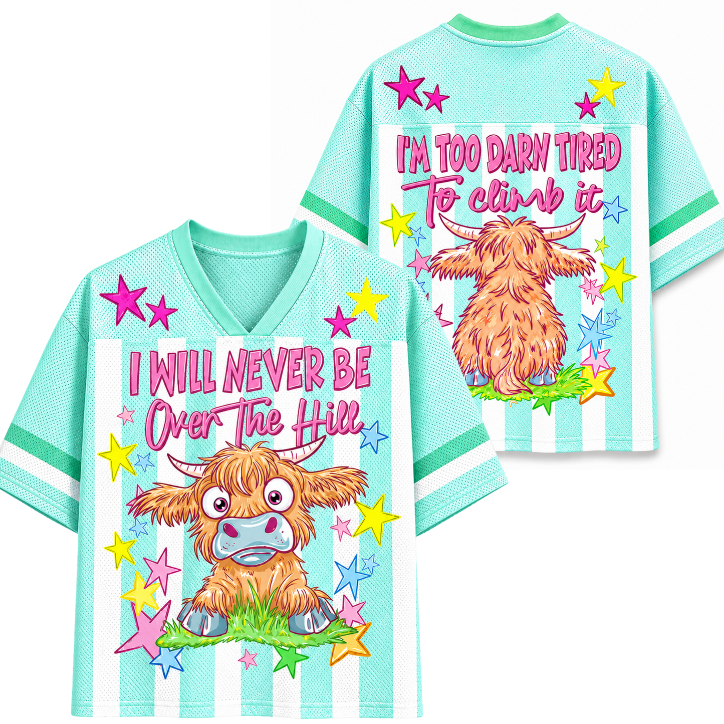 ChaoticClub Striped I Will Never Be Over The Hill Highland Cow Mesh Jersey