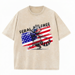 Chaoticclub Feral And Free Raccoon 4th Of July Washed T-Shirt