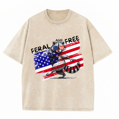 Chaoticclub Feral And Free Raccoon 4th Of July Washed T-Shirt