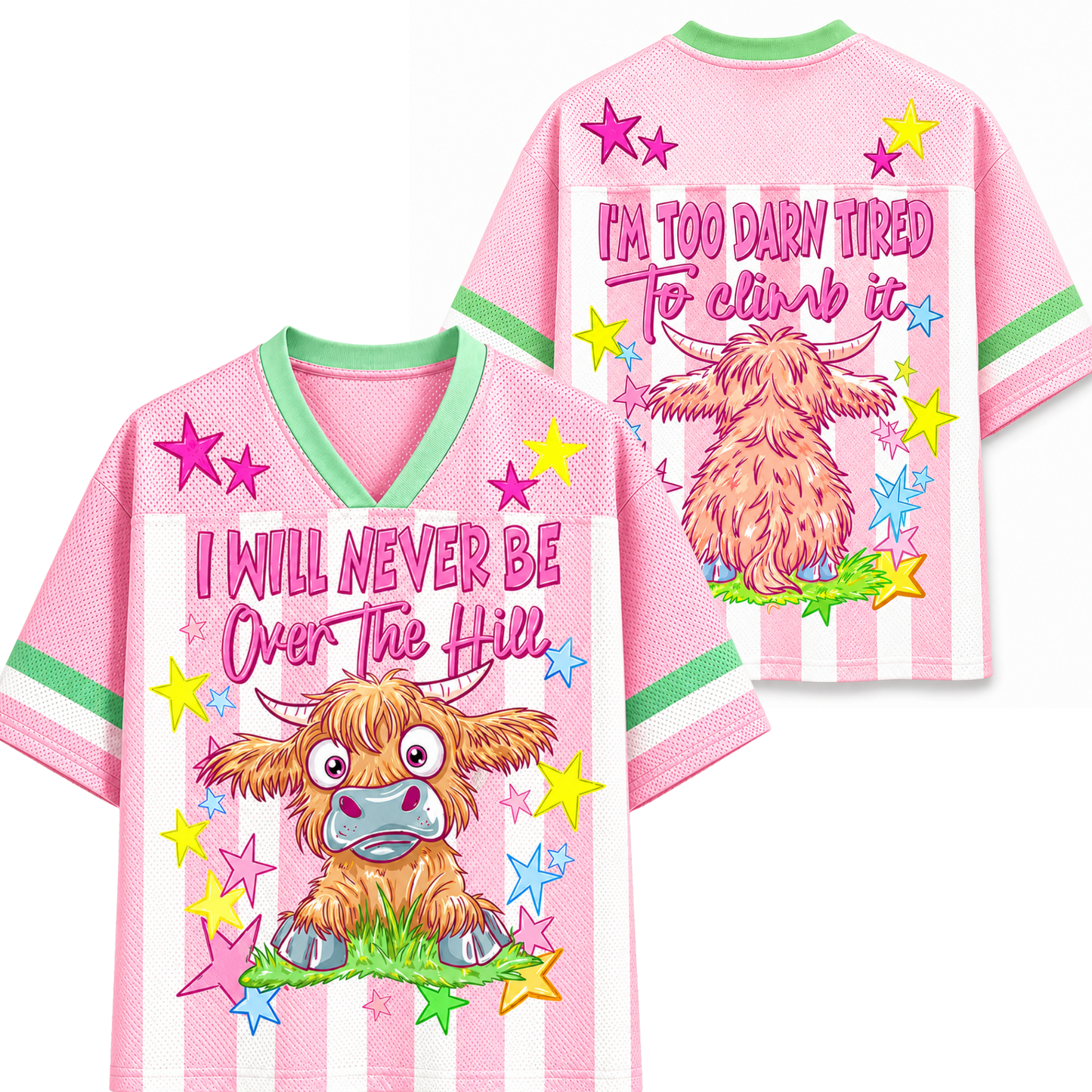 ChaoticClub Striped I Will Never Be Over The Hill Highland Cow Mesh Jersey