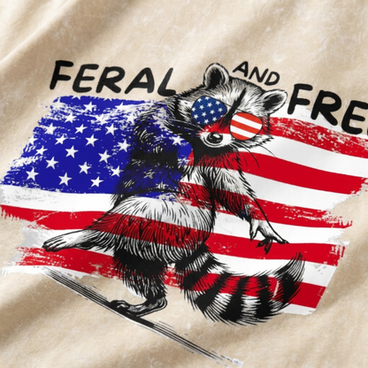 Chaoticclub Feral And Free Raccoon 4th Of July Washed T-Shirt
