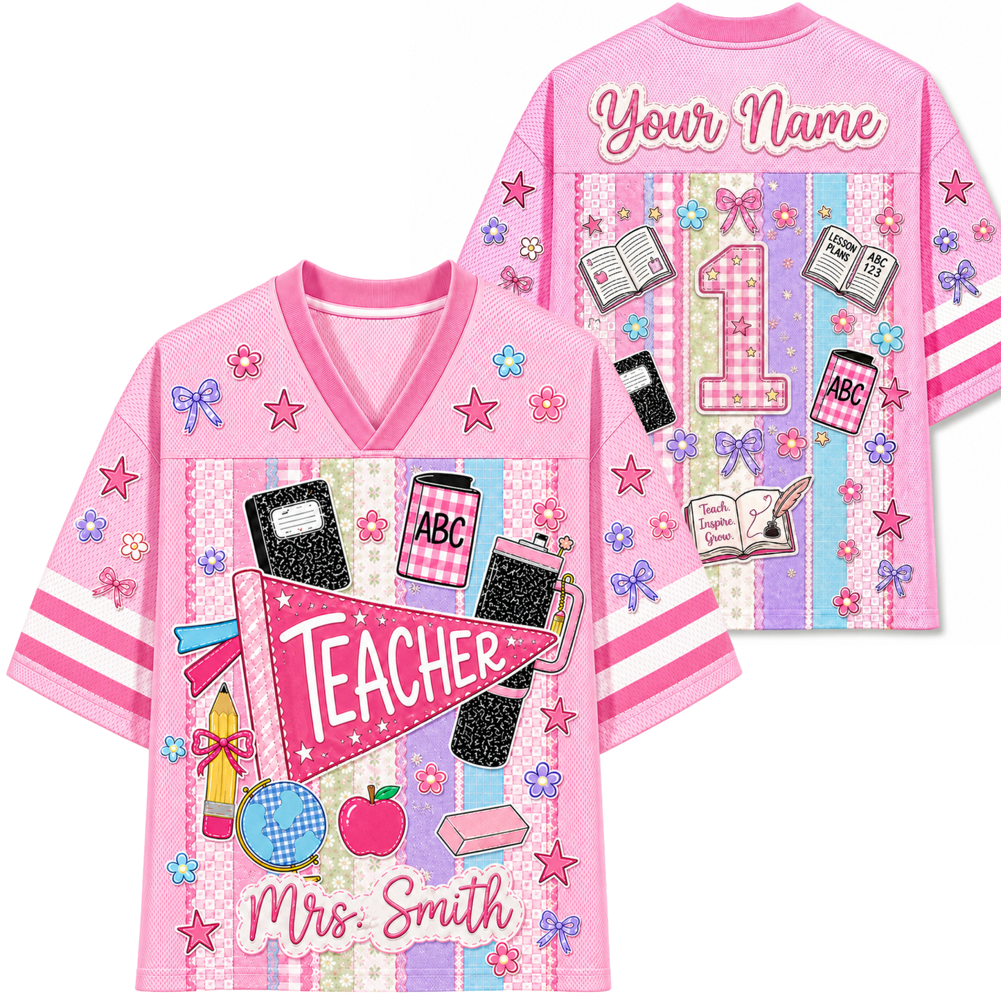 Front and back view of the pink ChaoticClub Preppy Back To School Teacher Pennant Flag Mesh Jersey, featuring a teacher pennant, globe, notebooks, and customizable name text.