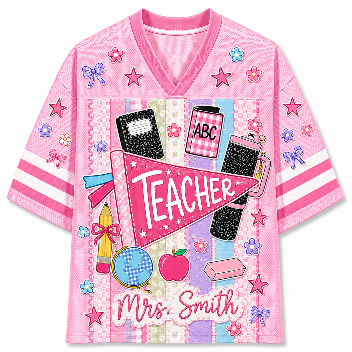 Front view of the pink ChaoticClub Preppy Back To School Teacher Pennant Flag Mesh Jersey, featuring a pink teacher pennant, globe, notebooks, apple, and custom "Mrs. Smith" text.