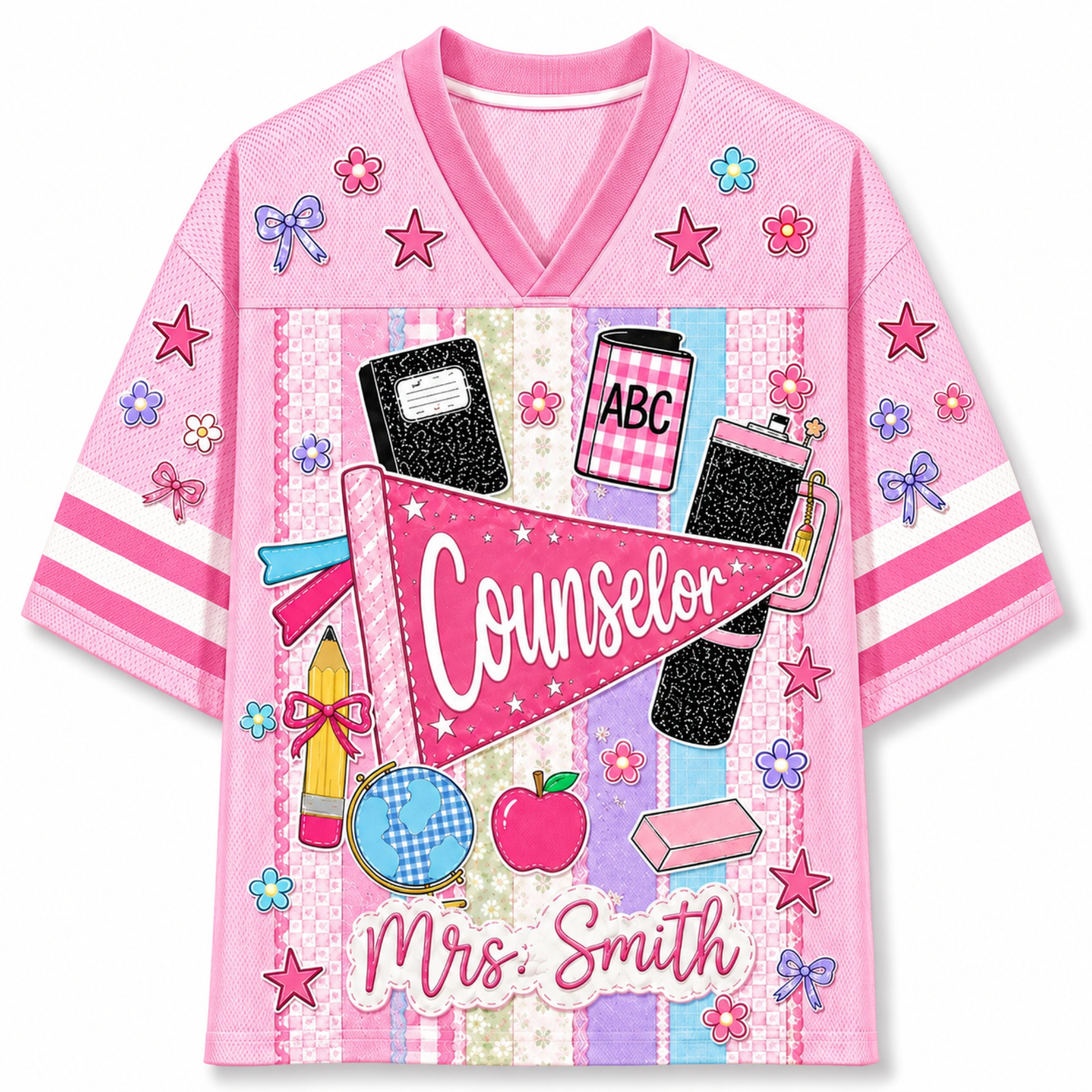 Front view of the pink ChaoticClub Preppy Back To School Teacher Pennant Flag Mesh Jersey, featuring a pink Counselor pennant, globe, notebooks, apple, and custom "Mrs. Smith" text.