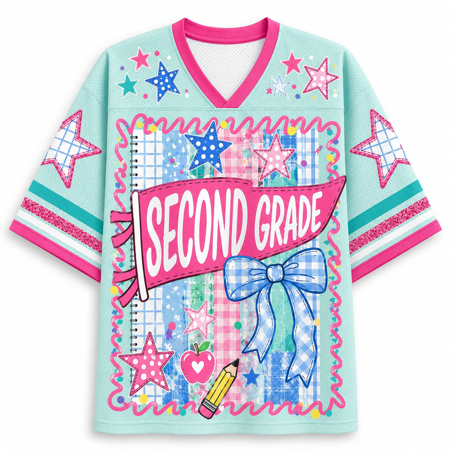 ChaoticClub Retro Striped Floral Pennant Flag School Grade Coquette Mesh Jersey