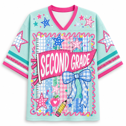 ChaoticClub Retro Striped Floral Pennant Flag School Grade Coquette Mesh Jersey
