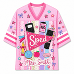Front view of the pink ChaoticClub Preppy Back To School Teacher Pennant Flag Mesh Jersey, featuring a pink sped pennant, globe, notebooks, apple, and custom "Mrs. Smith" text.