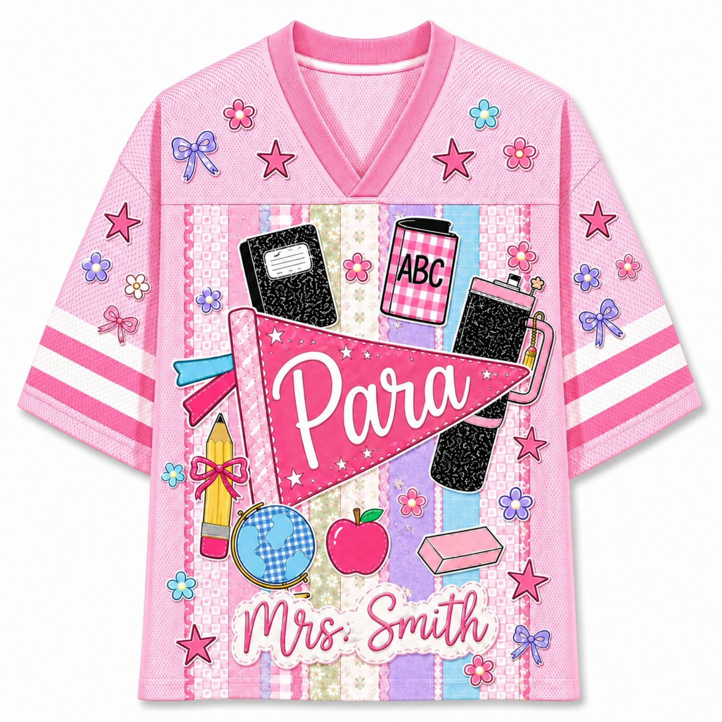 Front view of the pink ChaoticClub Preppy Back To School Teacher Pennant Flag Mesh Jersey, featuring a pink Para pennant, globe, notebooks, apple, and custom "Mrs. Smith" text.