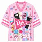 Front view of the pink ChaoticClub Preppy Back To School Teacher Pennant Flag Mesh Jersey, featuring a pink Para pennant, globe, notebooks, apple, and custom "Mrs. Smith" text.