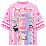 Back view of the pink ChaoticClub Preppy Back To School Teacher Pennant Flag Mesh Jersey, featuring a lot of notebooks and custom "Your Name" text