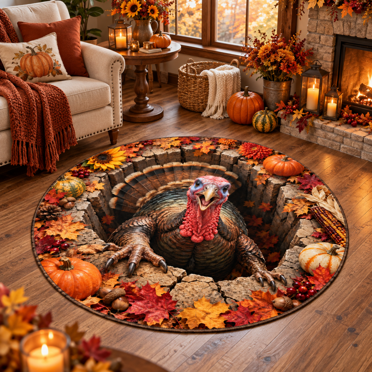 Chaotic Club Autumn Stone Well 3D Illusion Round Rug