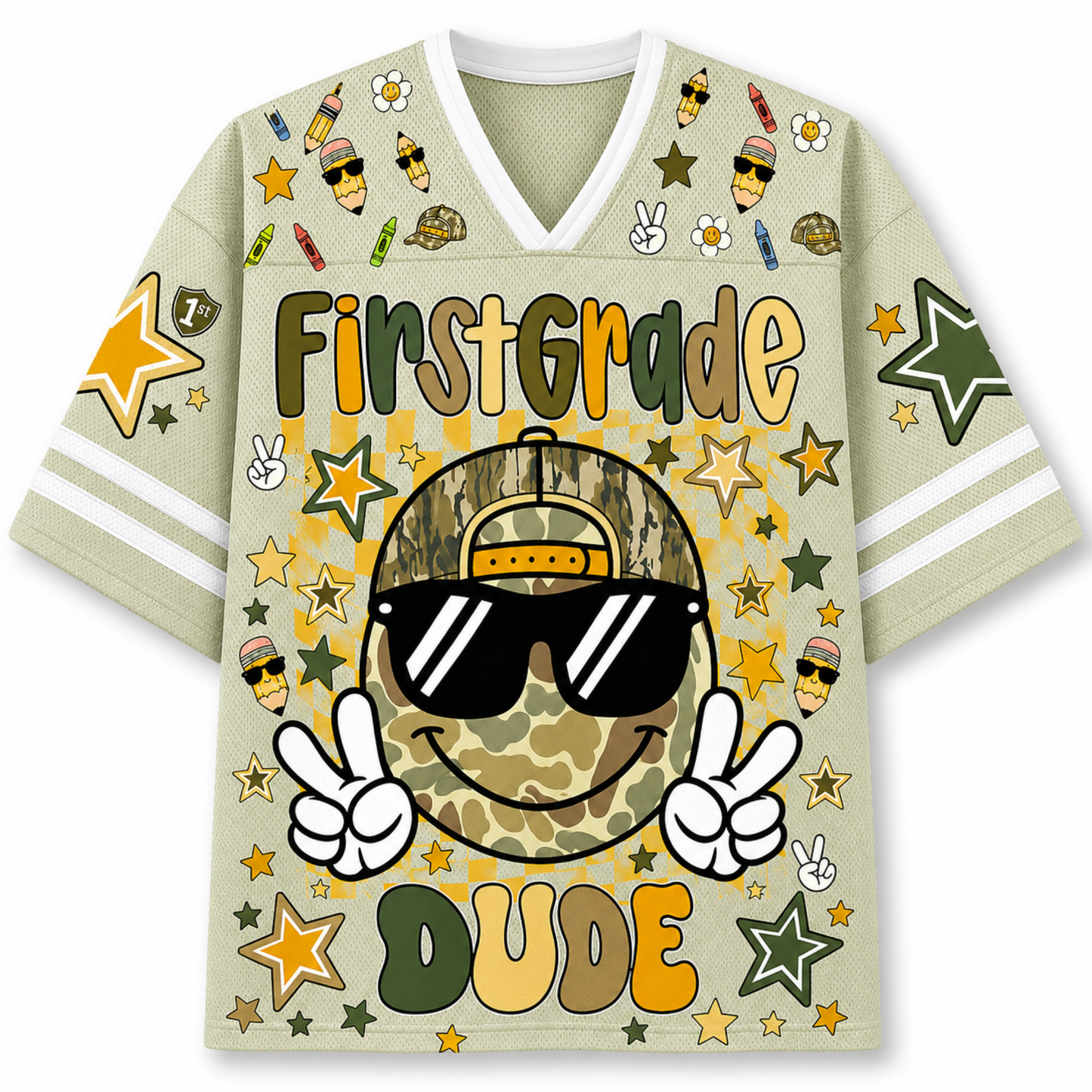 Front view of the khaki ChaoticClub Retro Back to School Smiley Face Mesh Jersey, featuring a cool camo smiley with sunglasses, peace signs, and First Grade Dude text.