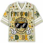 Front view of the khaki ChaoticClub Retro Back to School Smiley Face Mesh Jersey, featuring a cool camo smiley with sunglasses, peace signs, and First Grade Dude text.