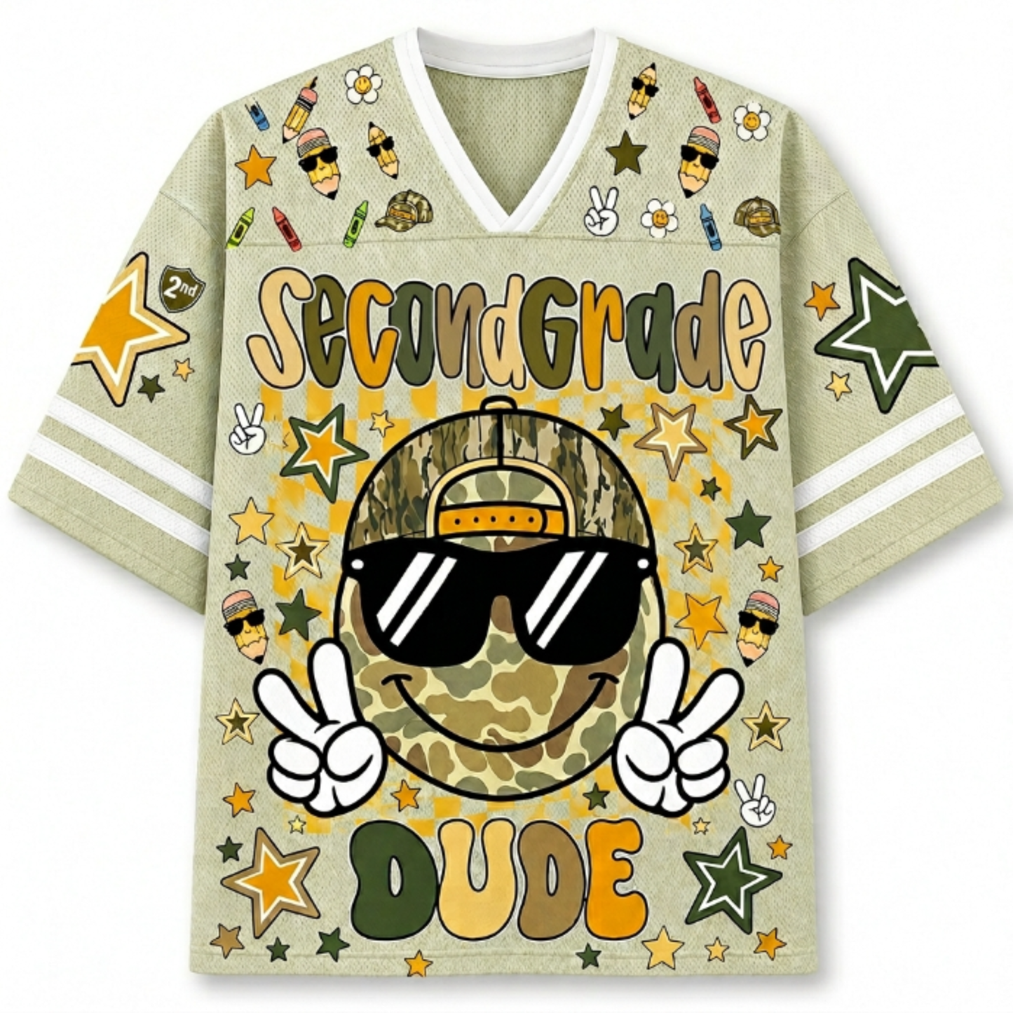 Front view of the khaki ChaoticClub Retro Back to School Smiley Face Mesh Jersey, featuring a cool camo smiley with sunglasses, peace signs, and Second Grade Dude text.
