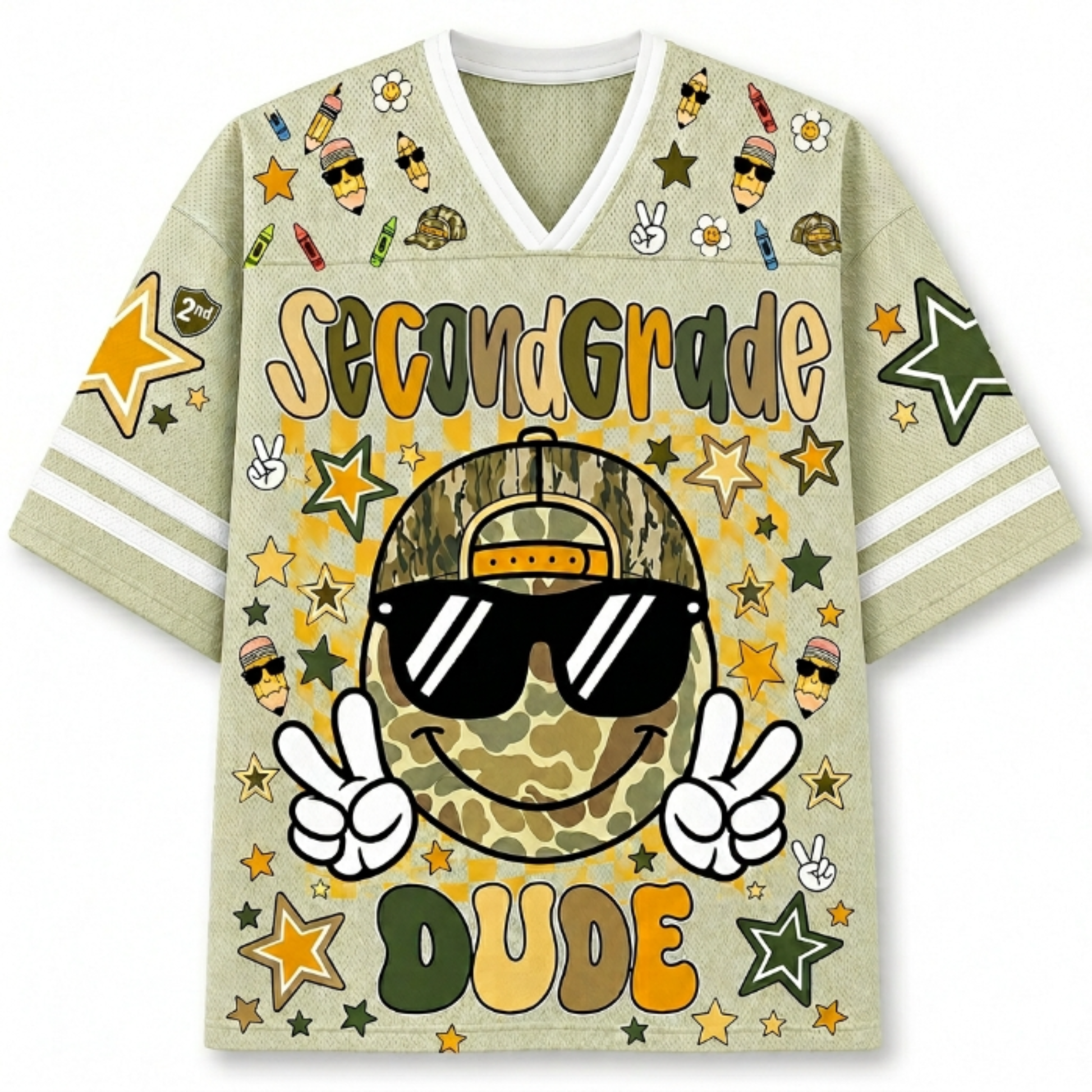 Front view of the khaki ChaoticClub Retro Back to School Smiley Face Mesh Jersey, featuring a cool camo smiley with sunglasses, peace signs, and Second Grade Dude text.