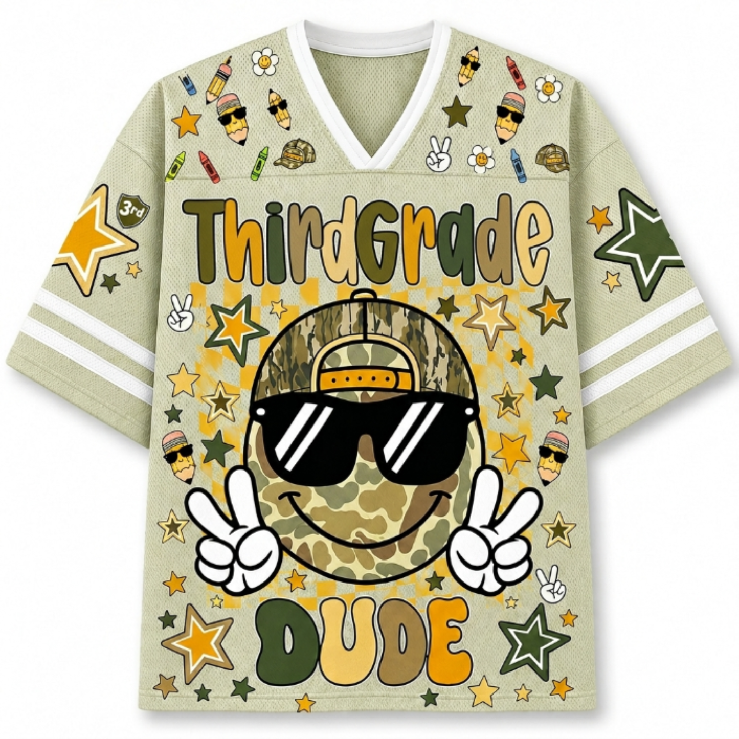 Front view of the khaki ChaoticClub Retro Back to School Smiley Face Mesh Jersey, featuring a cool camo smiley with sunglasses, peace signs, and Third Grade Dude text.