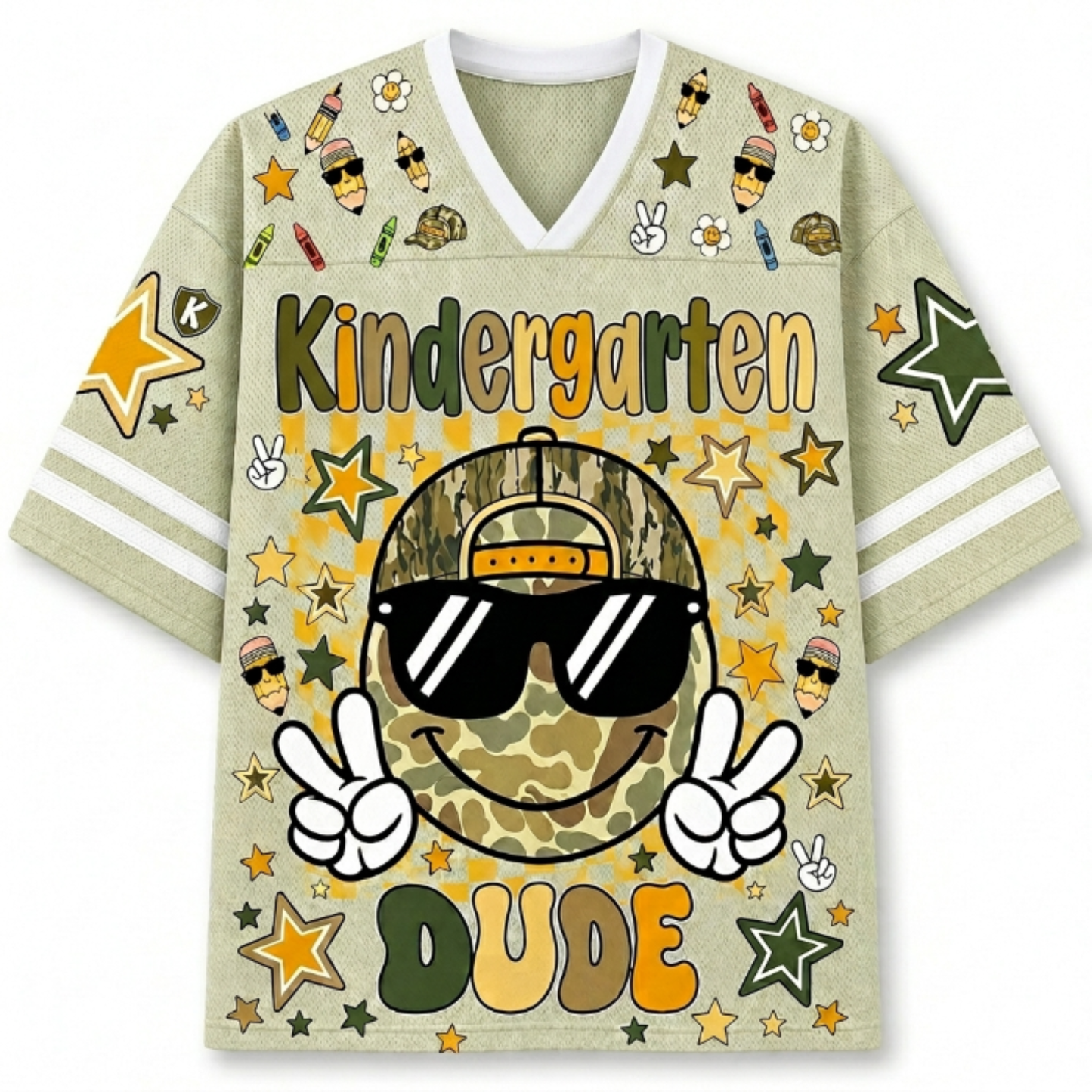 Front view of the khaki ChaoticClub Retro Back to School Smiley Face Mesh Jersey, featuring a cool camo smiley with sunglasses, peace signs, and Kindergarten Dude text.