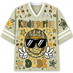 Front view of the khaki ChaoticClub Retro Back to School Smiley Face Mesh Jersey, featuring a cool camo smiley with sunglasses, peace signs, and Kindergarten Dude text.