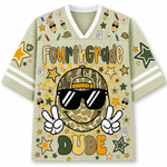Front view of the khaki ChaoticClub Retro Back to School Smiley Face Mesh Jersey, featuring a cool camo smiley with sunglasses, peace signs, and Fourth Grade Dude text.