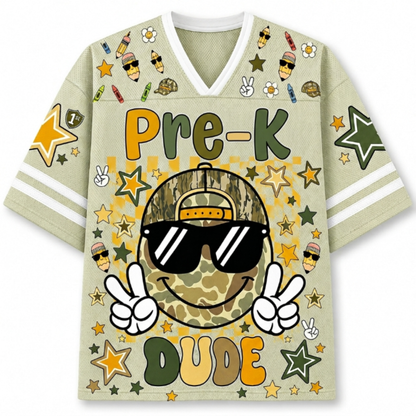 Front view of the khaki ChaoticClub Retro Back to School Smiley Face Mesh Jersey, featuring a cool camo smiley with sunglasses, peace signs, and Pre-K Dude text.