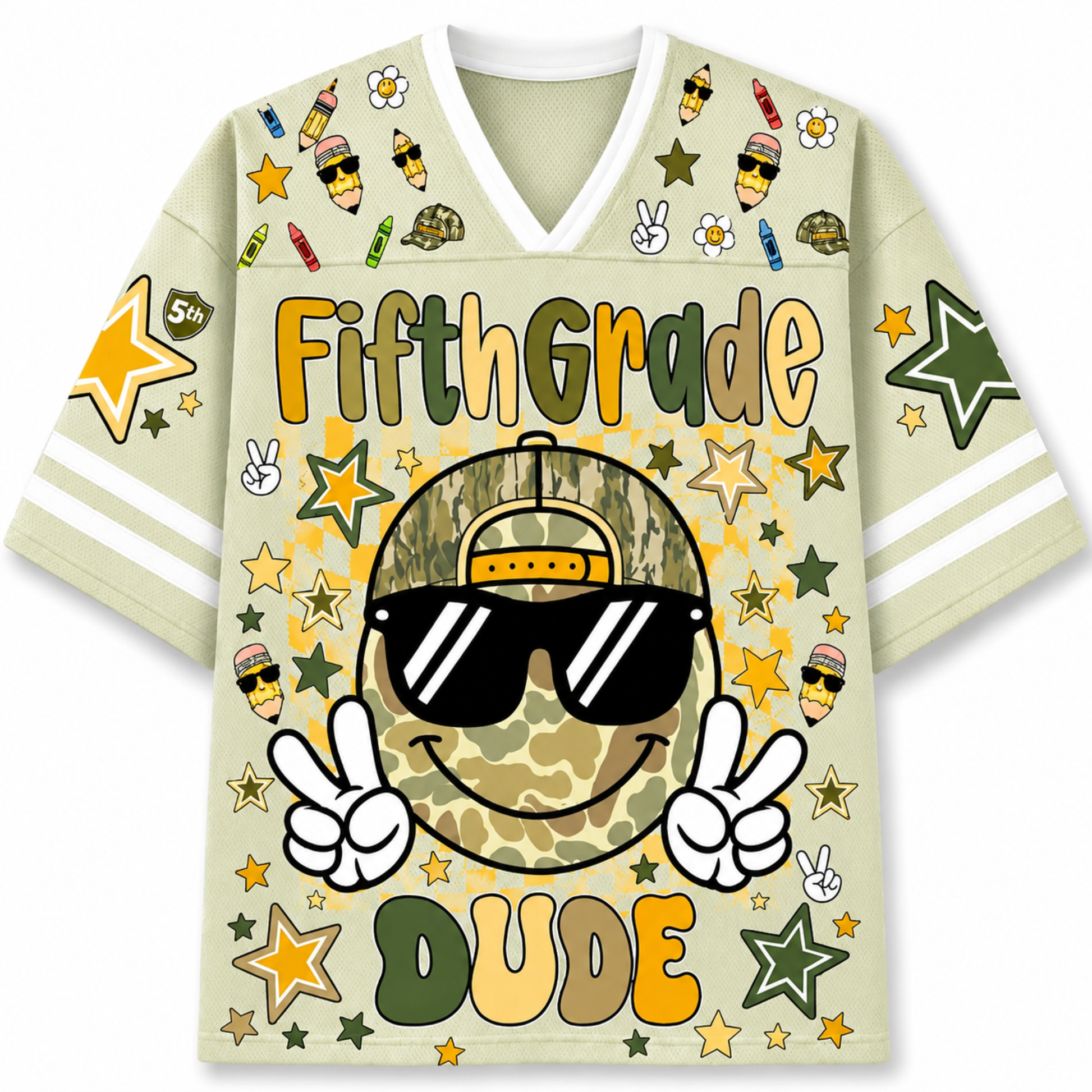 Front view of the khaki ChaoticClub Retro Back to School Smiley Face Mesh Jersey, featuring a cool camo smiley with sunglasses, peace signs, and Fifth Grade Dude text.