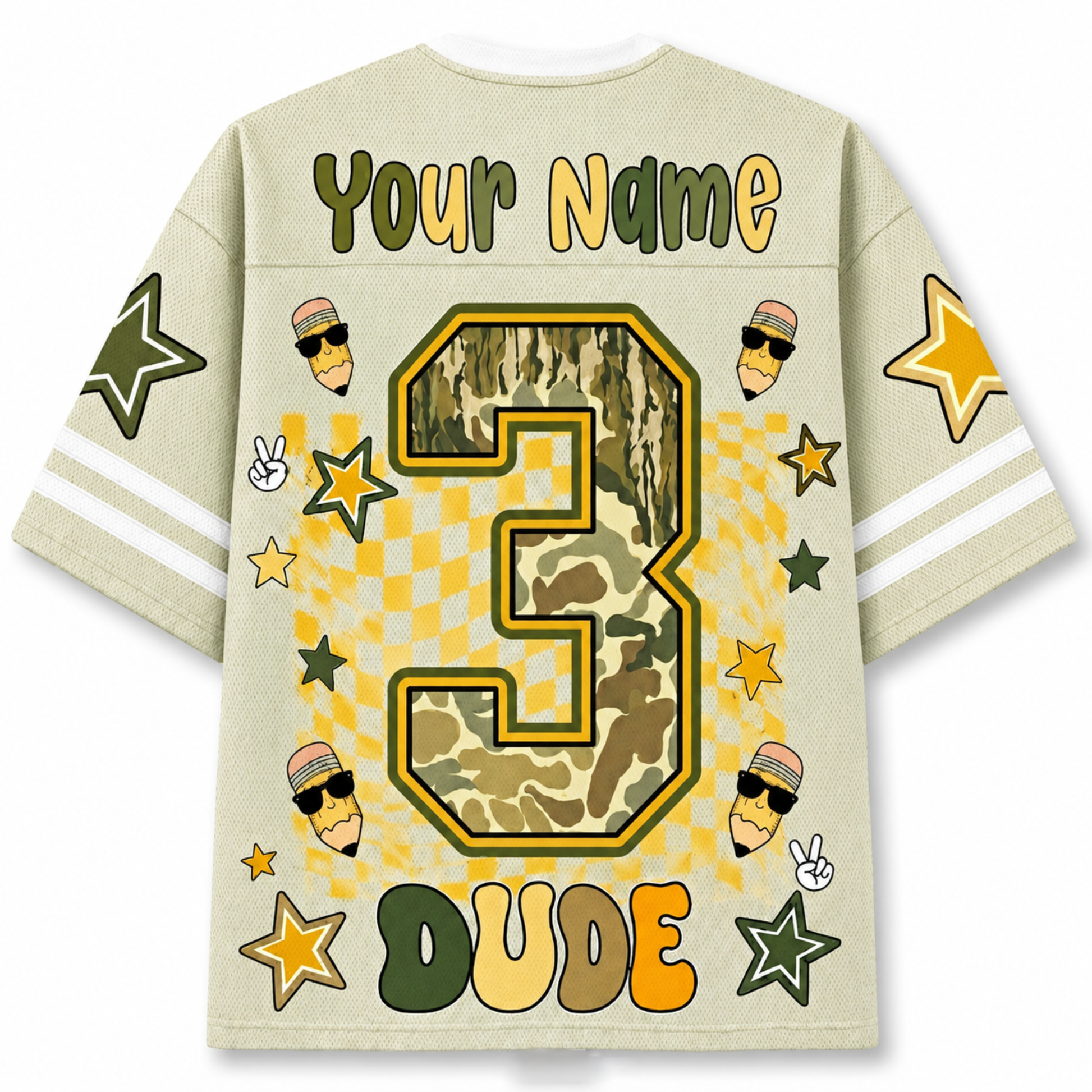 Back view of the khaki ChaoticClub Retro Back to School Smiley Face Mesh Jersey, featuring a personalized Your Name and Number