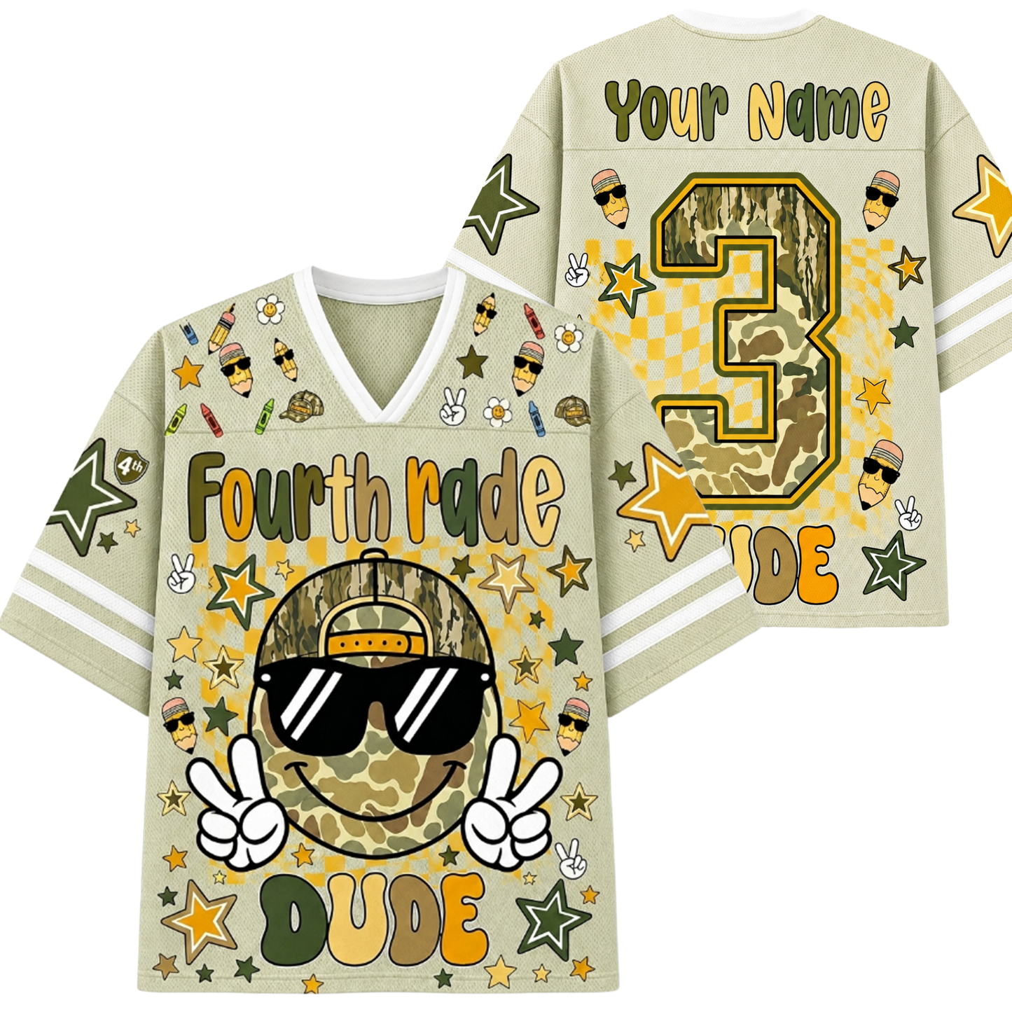 Front and Back view of the khaki ChaoticClub Retro Back to School Smiley Face Mesh Jersey, featuring a cool camo smiley with sunglasses, peace signs, First Grade Dude text, Personalized Name and Number on the back view
