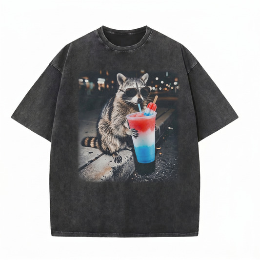 ChaoticClub Meme 4th of July Raccoon Drinking Patriotic Washed T-Shirt