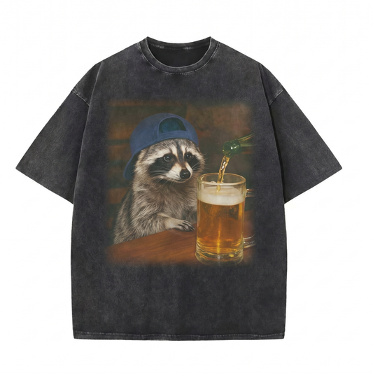ChaoticClub Meme Raccoon Drinking Beer Washed T-Shirt