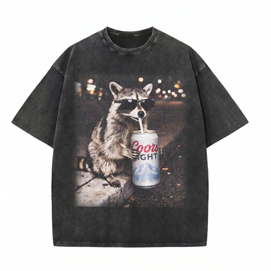 Chaoticclub Meme Raccoon Beer Lover Washed T-Shirt