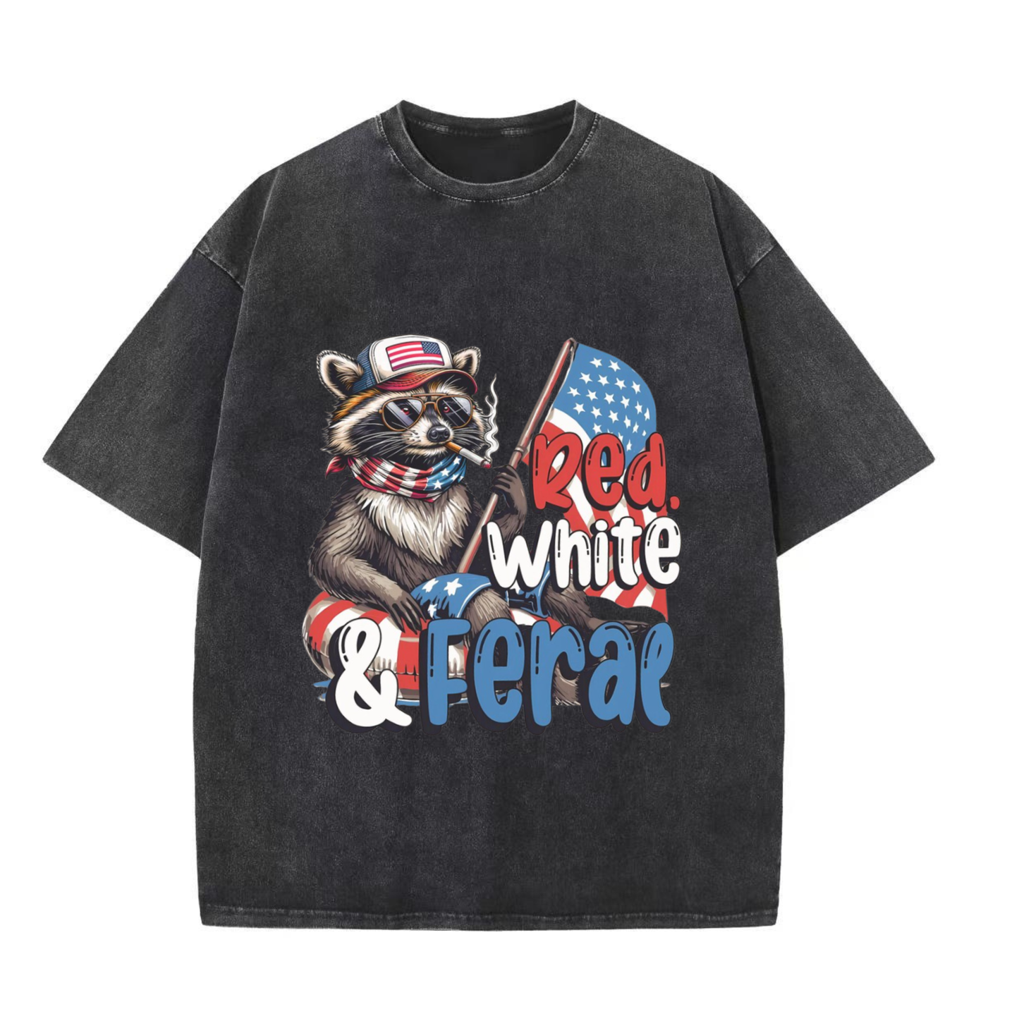 Chaoticclub 250th Red White Feral & Free Raccoon Washed T-Shirt