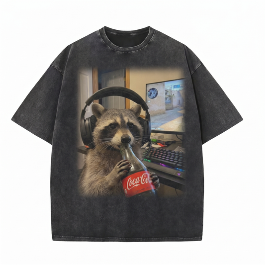 ChaoticClub Meme Raccoon Playing Game & Drinking Soda Washed T-Shirt