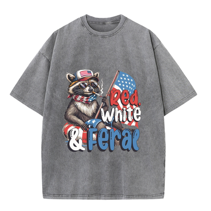 Chaoticclub 250th Red White Feral & Free Raccoon Washed T-Shirt