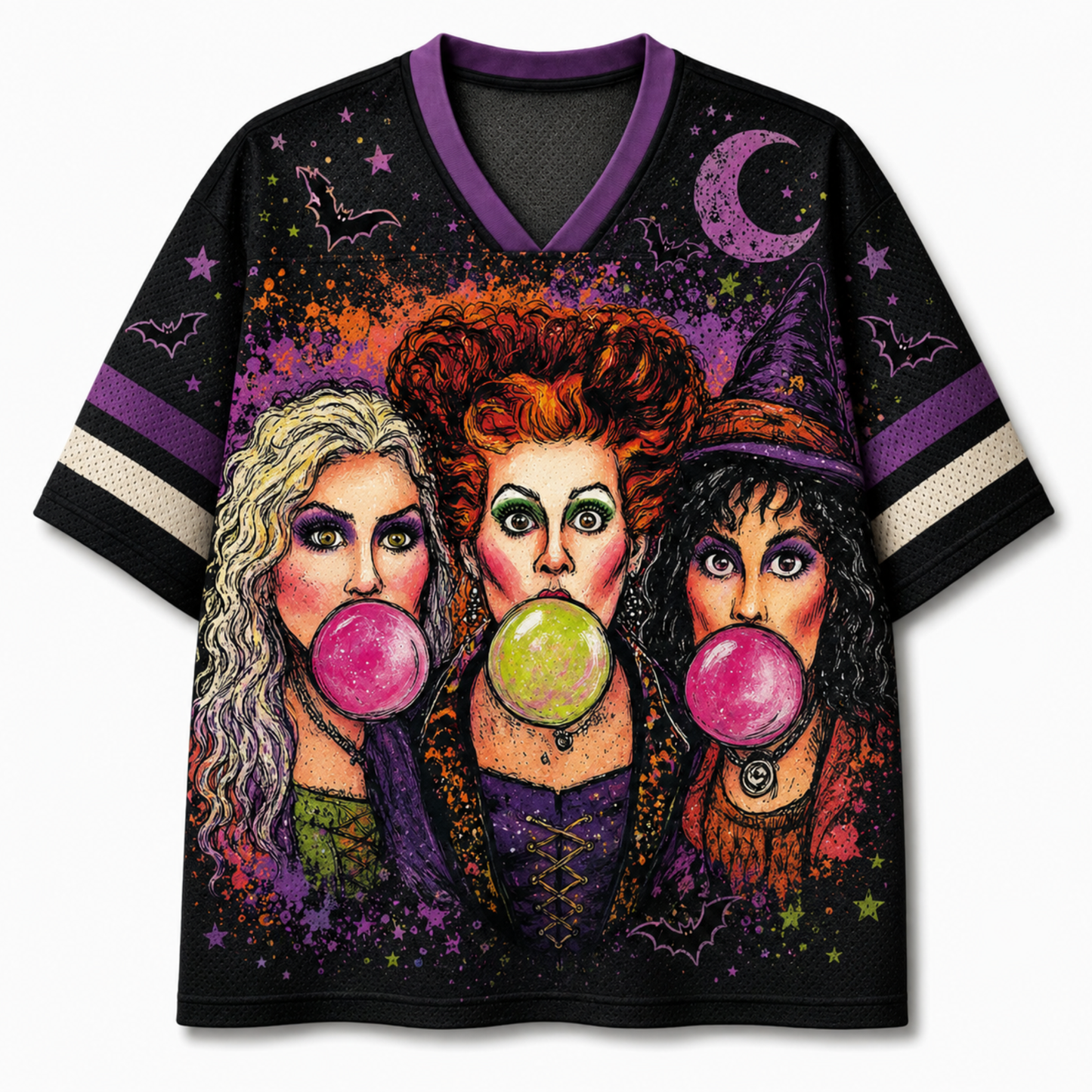 A black short-sleeve V-neck jersey-style shirt with purple trim and sleeve stripes, featuring a large colorful graphic print of three witch-like women blowing pink bubbles against a purple starry background.