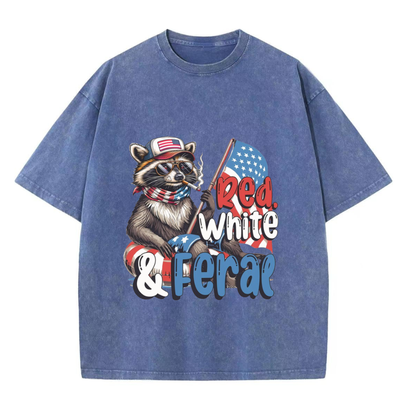 Chaoticclub 250th Red White Feral & Free Raccoon Washed T-Shirt