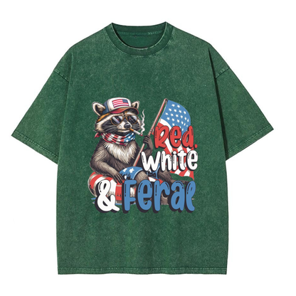 Chaoticclub 250th Red White Feral & Free Raccoon Washed T-Shirt