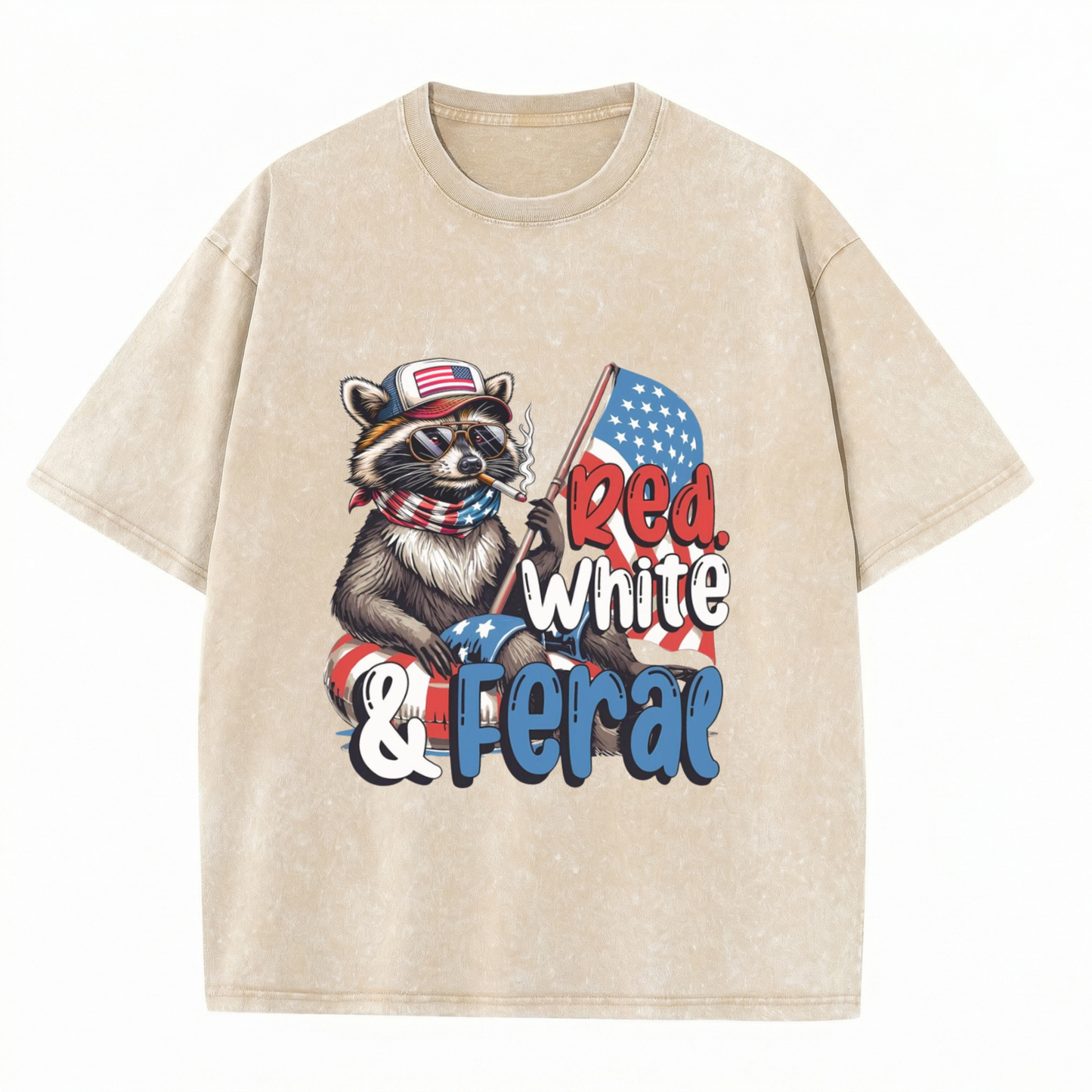 Chaoticclub 250th Red White Feral & Free Raccoon Washed T-Shirt