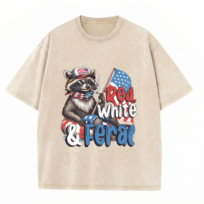 Chaoticclub 250th Red White Feral & Free Raccoon Washed T-Shirt